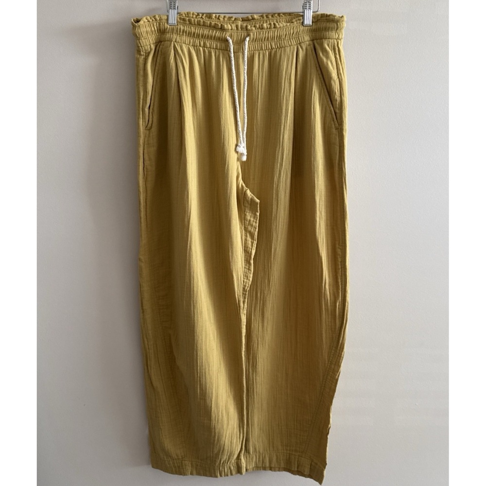 Old Navy High Rise Barrel Leg Pants Yellow Crinkle Pull On Womens Size L Casual